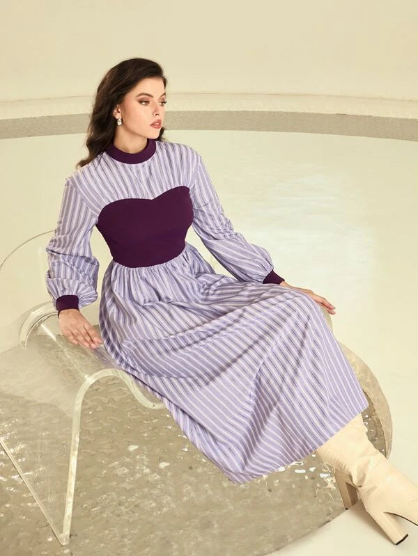 CM-DS671242 Women Casual Seoul Style Striped Mock Neck Lantern Sleeve Dress - Purple