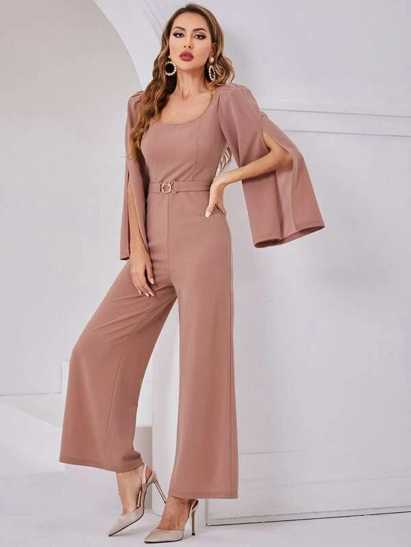 CM-JS662427 Women Elegant Seoul Style Split Sleeve Wide Leg Belted Jumpsuit - Dusty Pink
