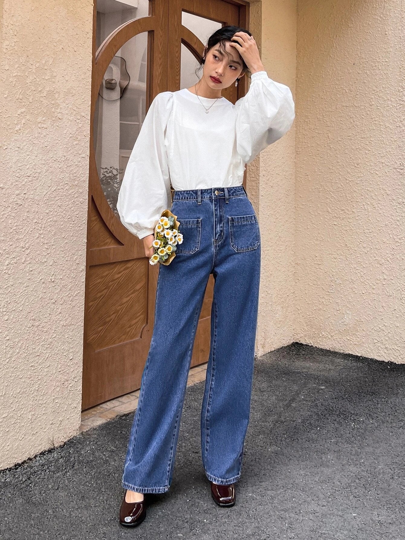 CM-BS672088 Women Casual Seoul Style High Waist Dual Pocket Straight Leg Jeans