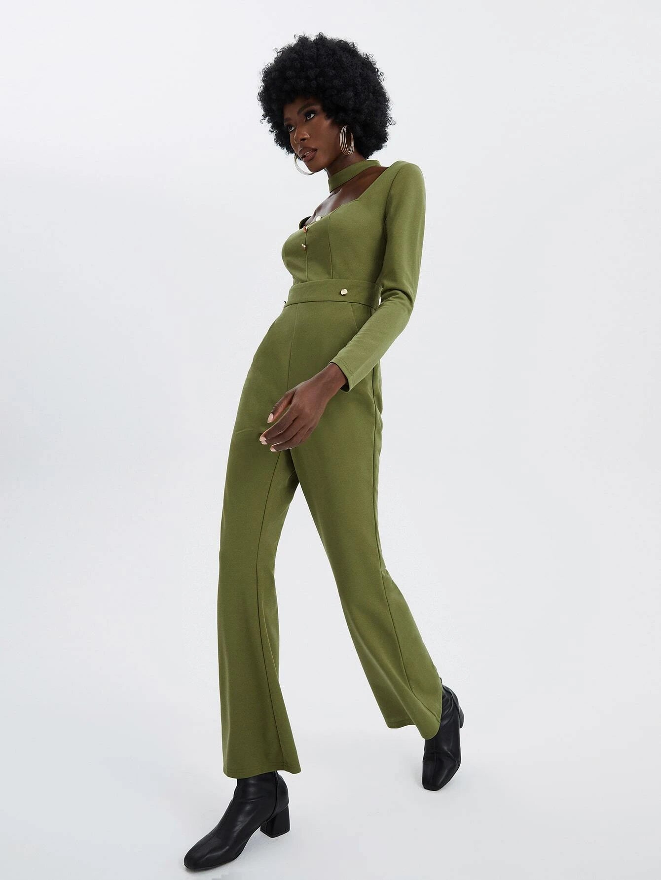 CM-JS706737 Women Elegant Seoul Style Square Neck Button Detail Flare Leg Jumpsuit