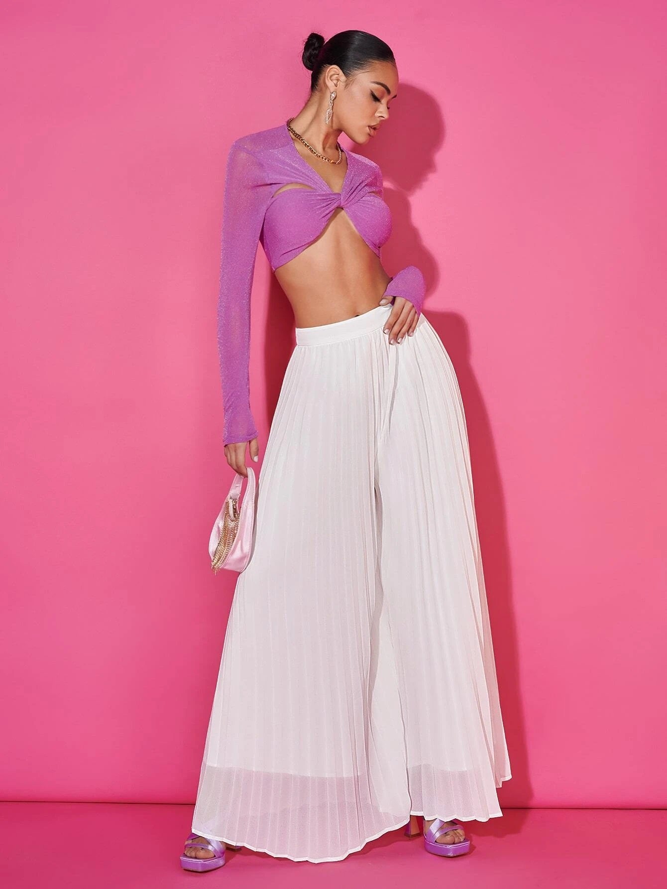 CM-BS990043 Women Casual Seoul Style Elastic Waist Solid Pleated Wide Leg Pants - White