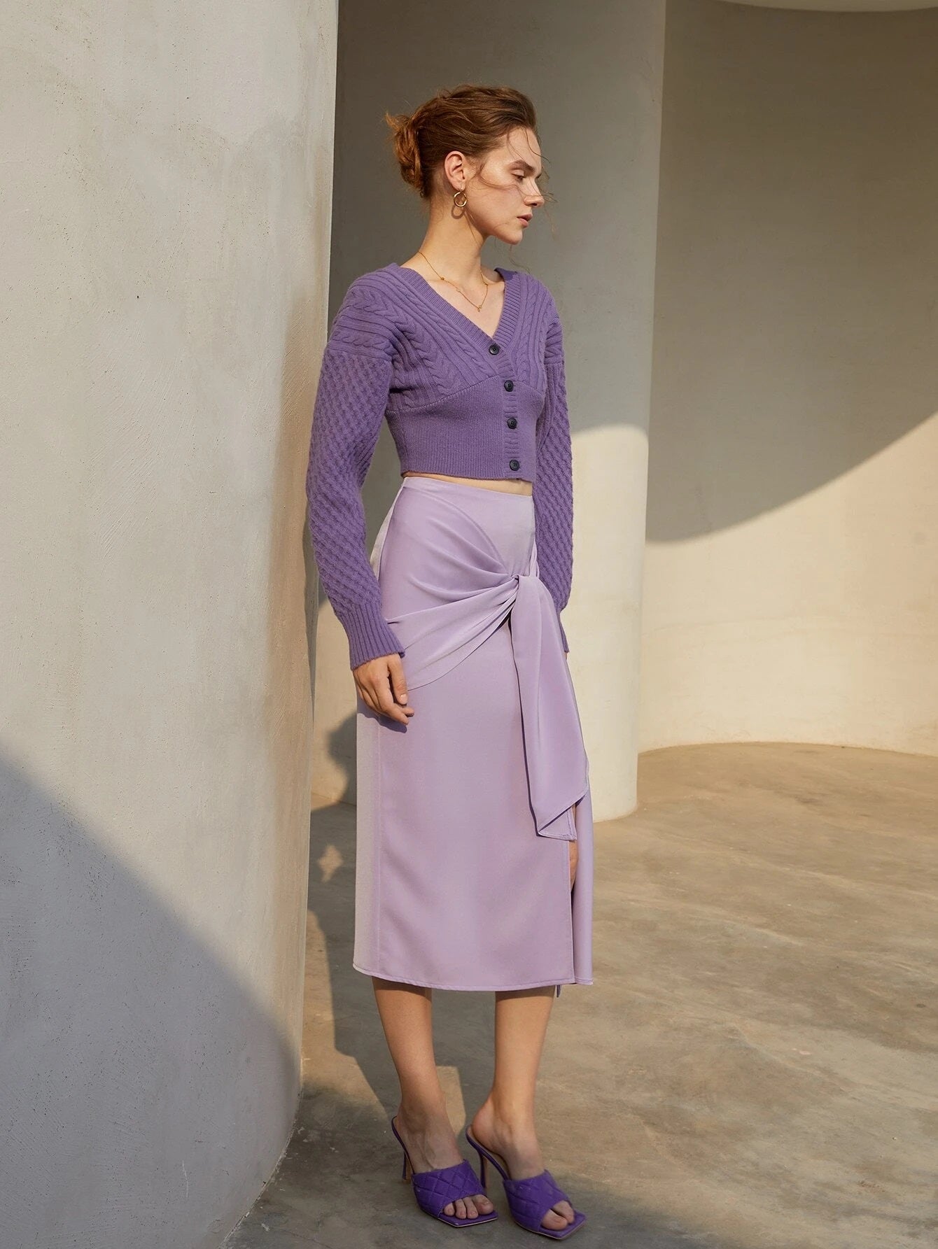 CM-BS053257 Women Elegant Seoul Style High Waist Draped Front Split Thigh Skirt - Purple