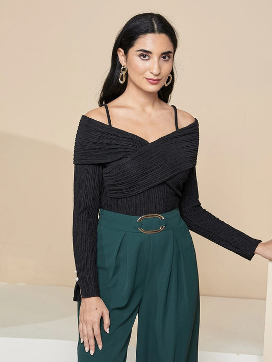 CM-TS119398 Women Casual Seoul Style Cold Shoulder Cross Wrap Front Tee - Black
