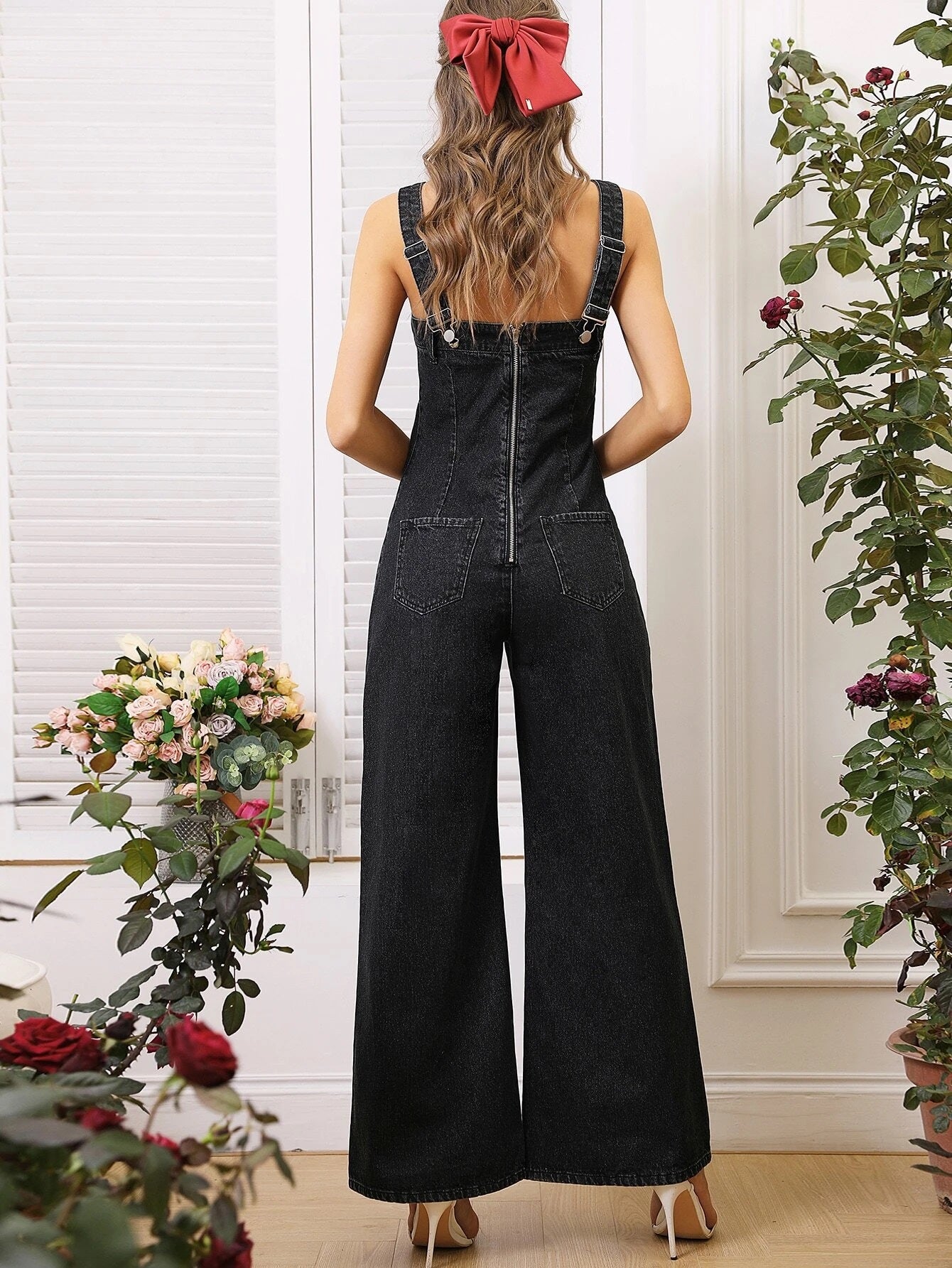 CM-JS774571 Women Preppy Seoul Style Washed Wide Leg Denim Overalls - Black