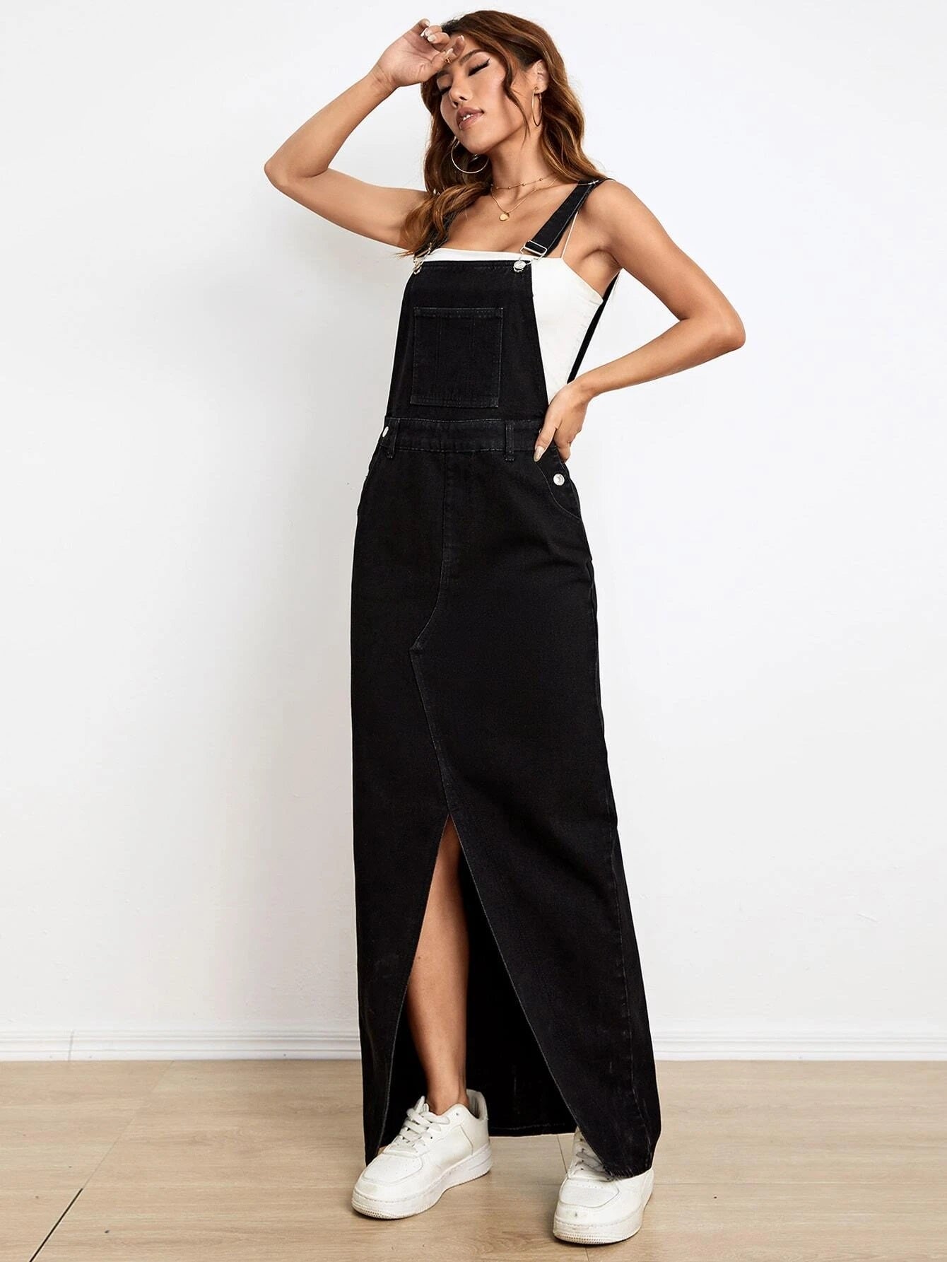 CM-DS883532 Women Preppy Seoul Style Slant Pocket Split Thigh Denim Overall Dress - Black