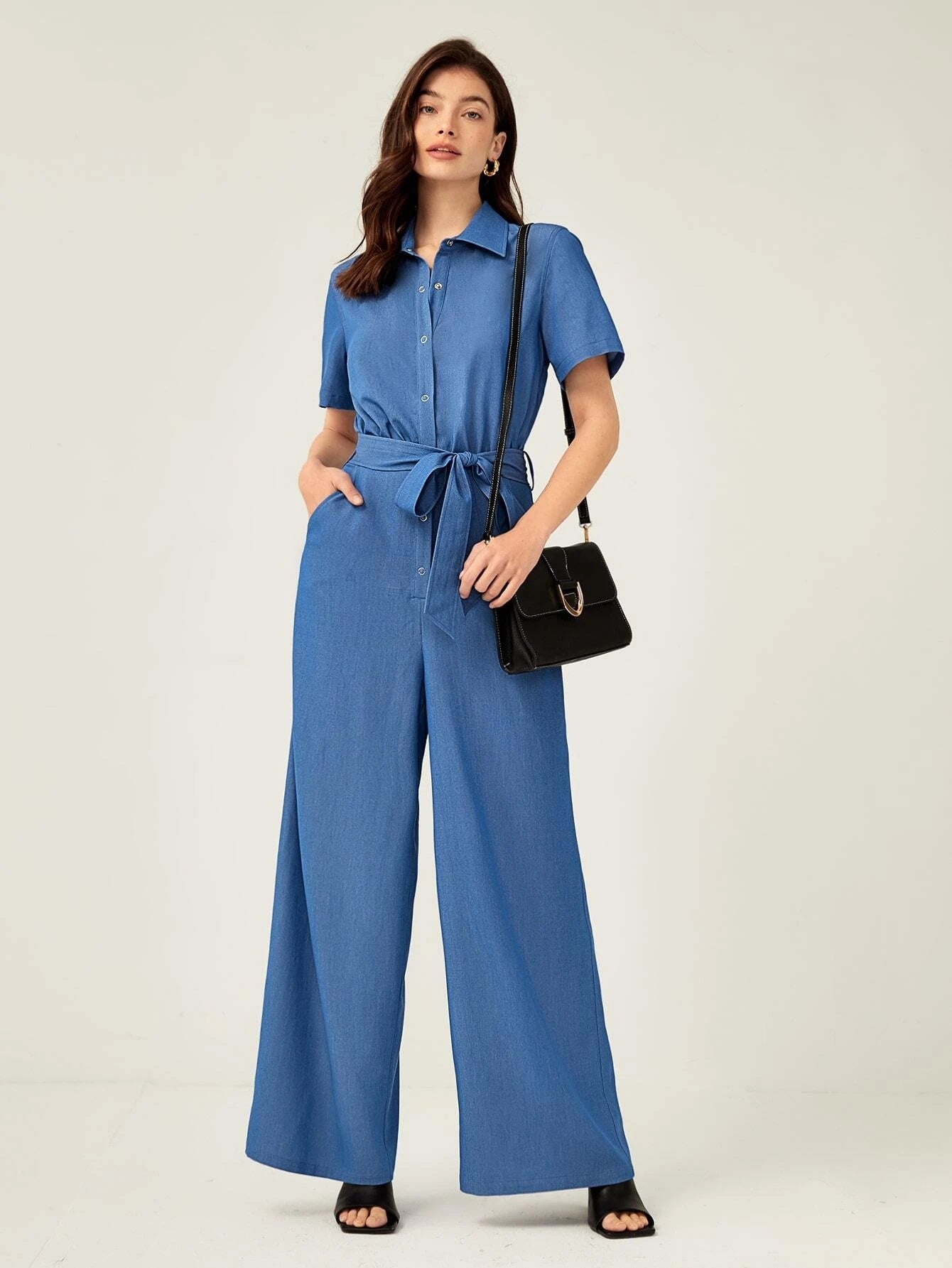 CM-JS779867 Women Elegant Seoul Style Short Sleeve Hidden Pocket Belted Jumpsuit - Blue