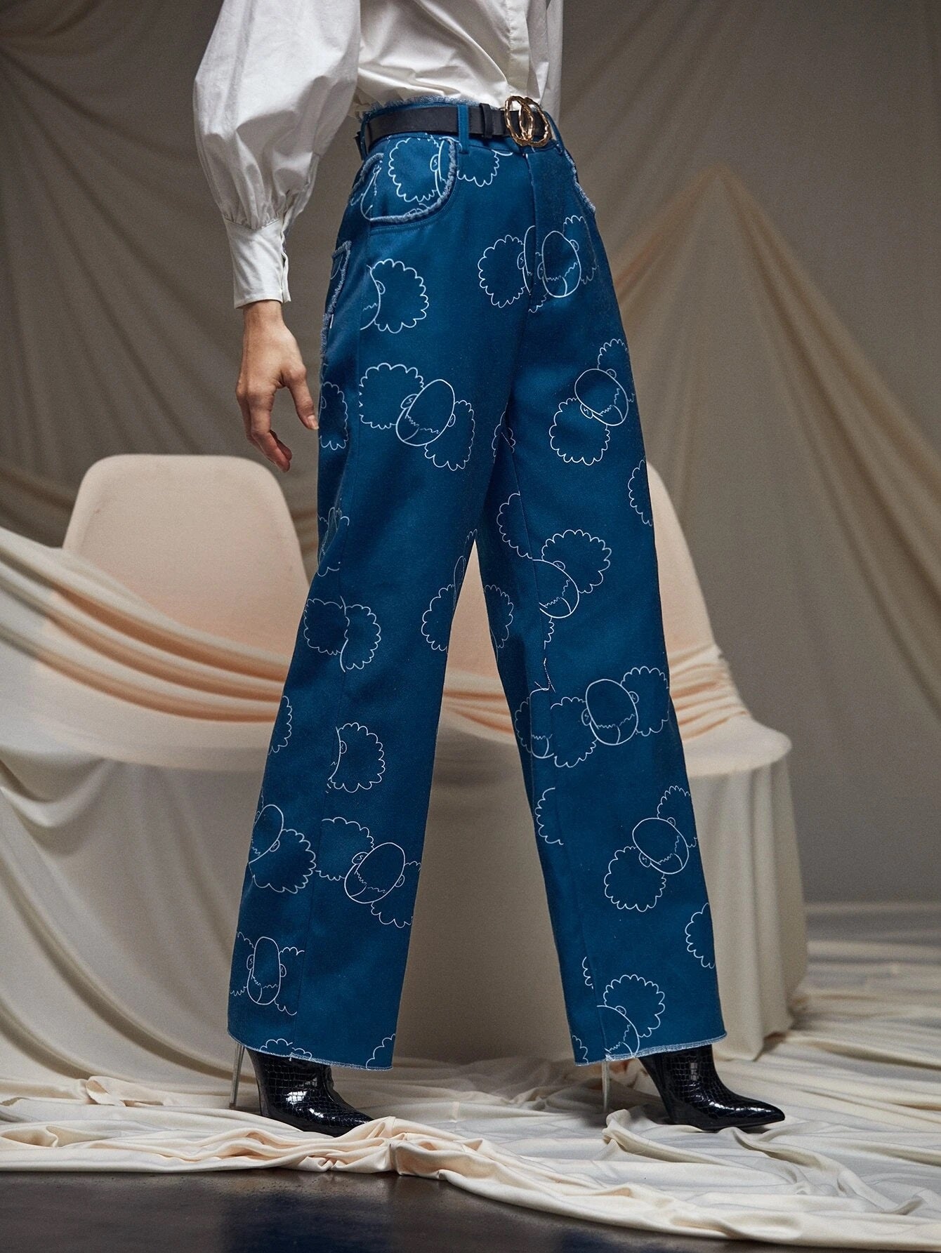 CM-BS947340 Women Casual Seoul Style Graphic Print Raw Hem Wide Leg Pants - Blue