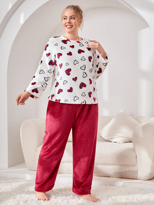 CM-PLS023431 Plus Size Trendy Seoul Style Heart Pattern Flannel PJ Set