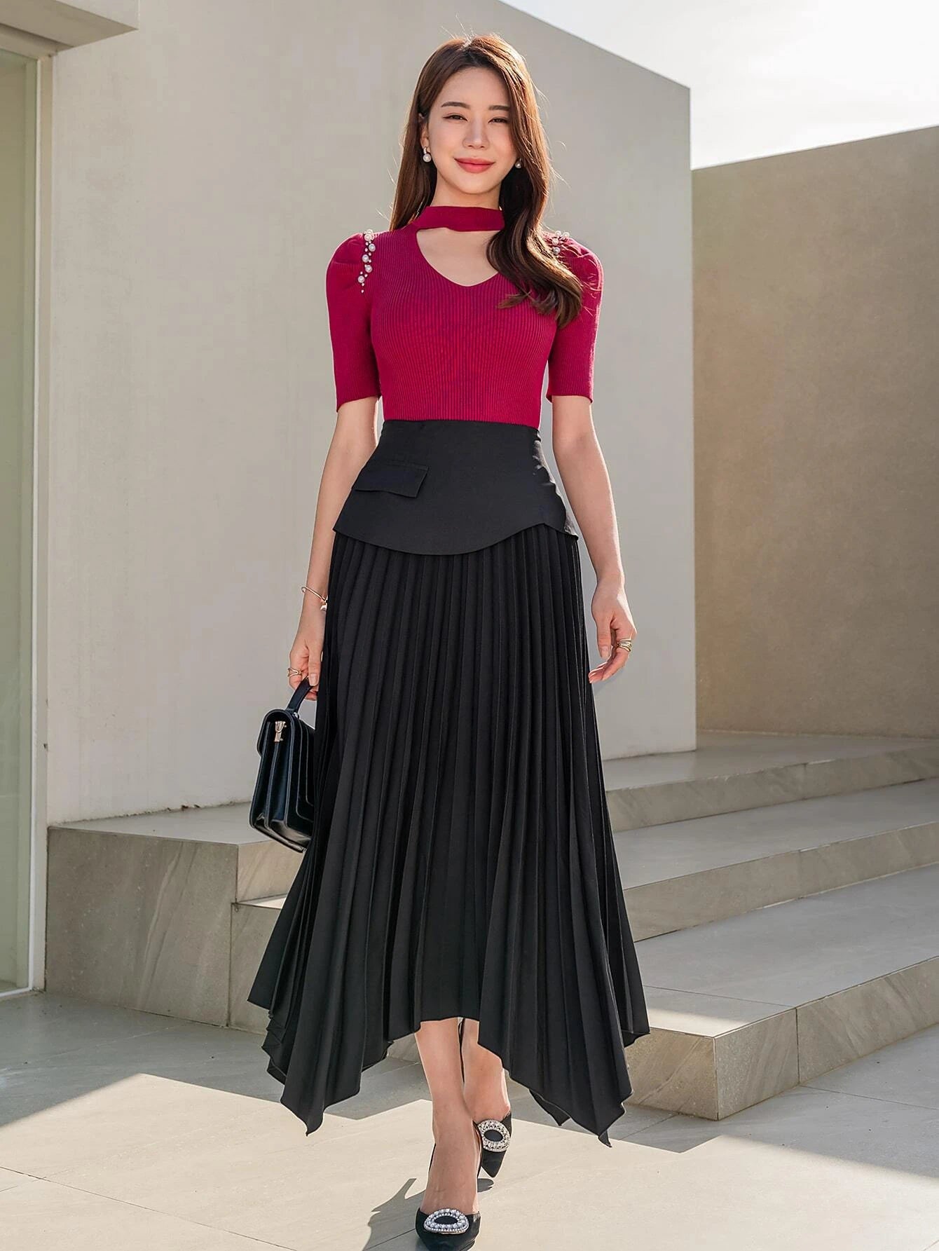 CM-BS292168 Women Elegant Seoul Style Wide Band Waist Hanky Hem Pleated Skirt - Black