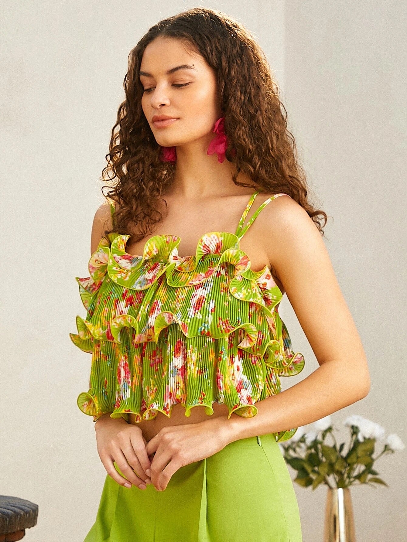 CM-TS710414 Women Trendy Bohemian Style Floral Print Ruffle Trim Cami Top - Green