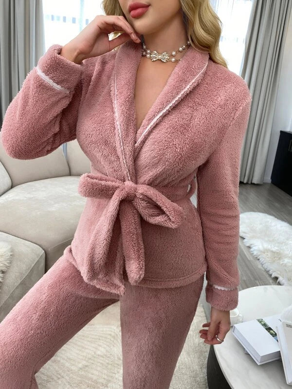 CM-LS813629 Women Trendy Seoul Style Contrast Tape Shawl Collar Belted Flannelette Pajama Set