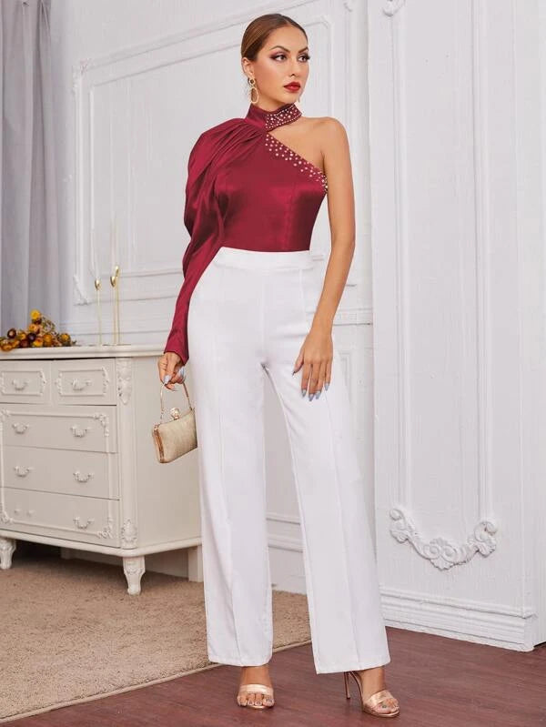 CM-TS077643 Women Elegant Seoul Style Satin Leg-of-mutton Sleeve Pearls Blouse - Burgundy