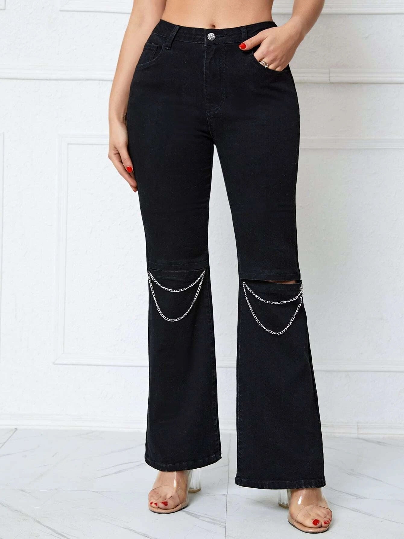CM-BS201062 Women Preppy Seoul Style Chain Detail Flare Leg Jeans - Black