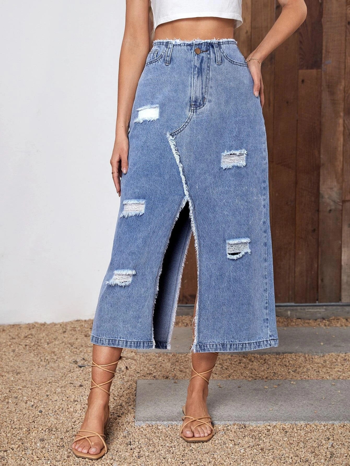 CM-BS910312 Women Casual Seoul Style High Waist Ripped Split Thigh Denim Skirt