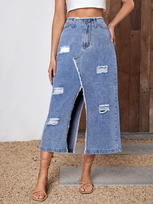 CM-BS910312 Women Casual Seoul Style High Waist Ripped Split Thigh Denim Skirt
