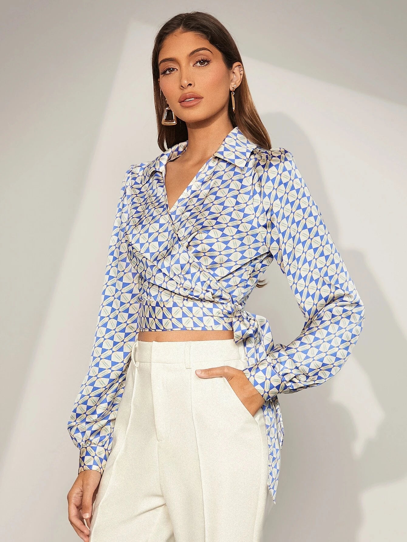CM-TS101493 Women Elegant Seoul Style Allover Print Knot Side Wrap Blouse