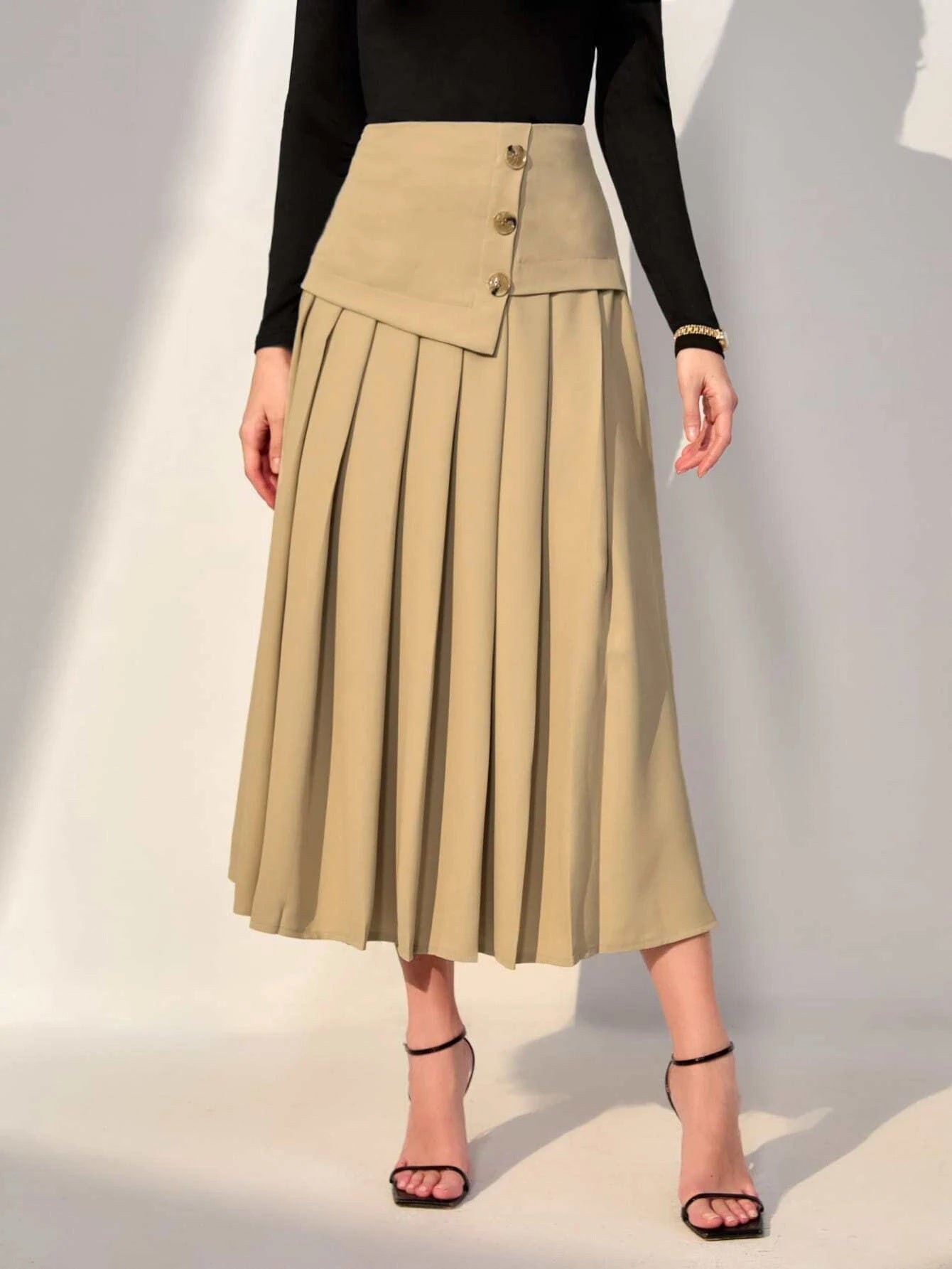 CM-BS757591 Women Preppy Seoul Style High Waist Fold Pleated Skirt - Khaki