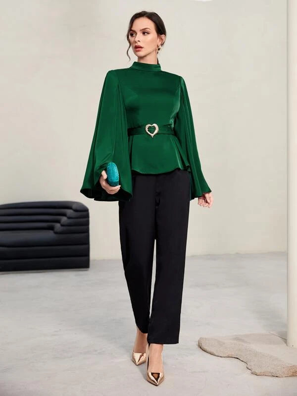 CM-TS194601 Women Elegant Seoul Style Mock Neck Trumpet Sleeve Belted Satin Blouse