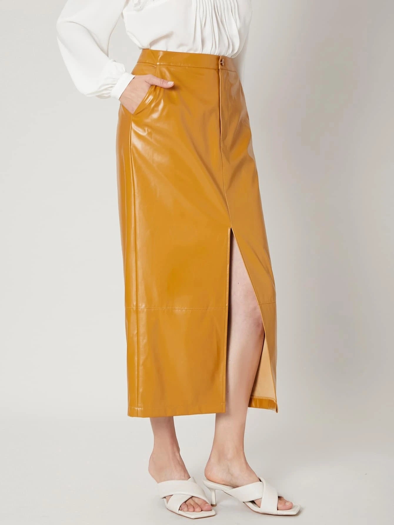 CM-BS940410 Women Elegant Seoul Style High Waist PU Leather Split Skirt - Mustard Yellow