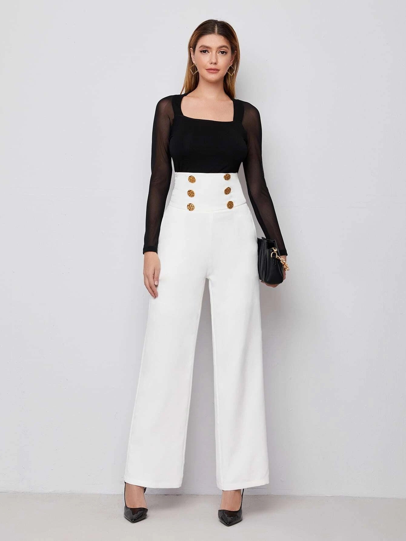 CM-BS125410 Women Elegant Seoul Style Double Breasted Wide Waistband Pants - White