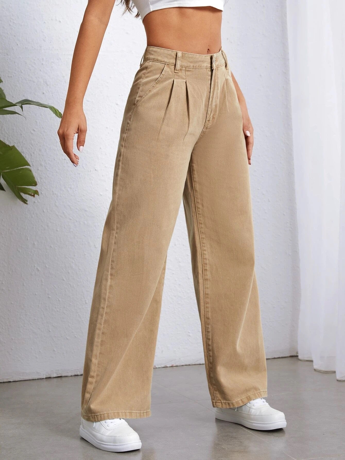 CM-BS001641 Women Preppy Seoul Style High Waist Wide Leg Jeans - Khaki