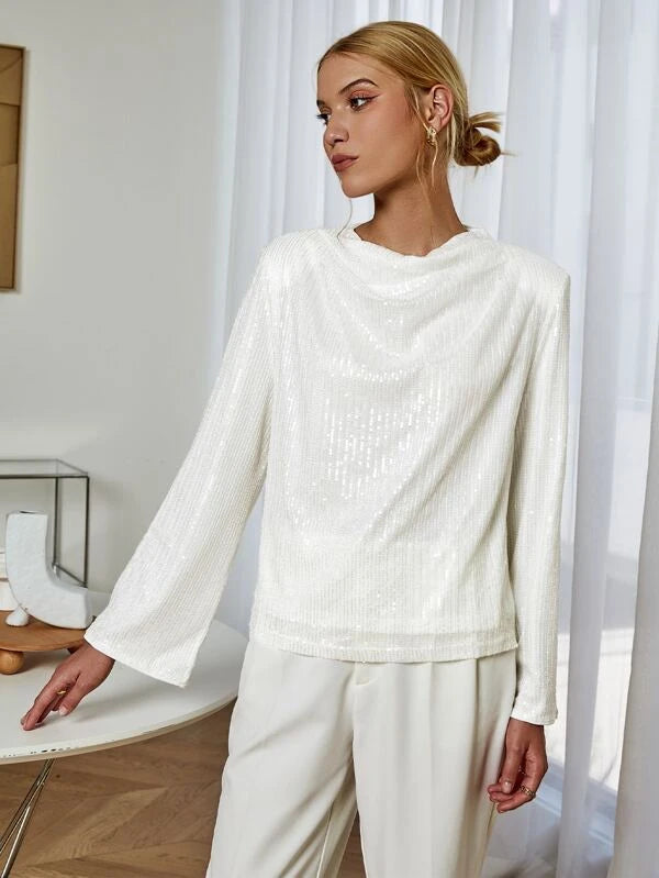 CM-TS156209 Women Elegant Seoul Style Draped Neck Long Sleeve Jacquard Blouse - White