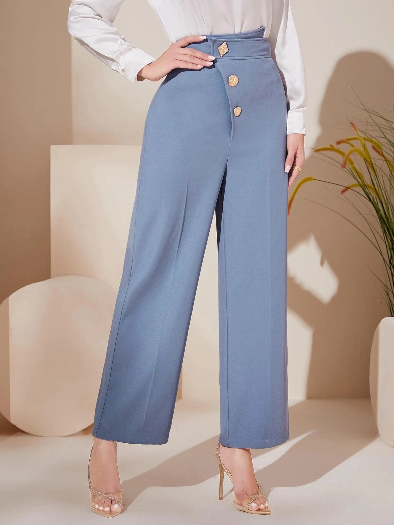 CM-BS441225 Women Elegant Seoul Style Asymmetrical Waist Button Front Wide Leg Pants