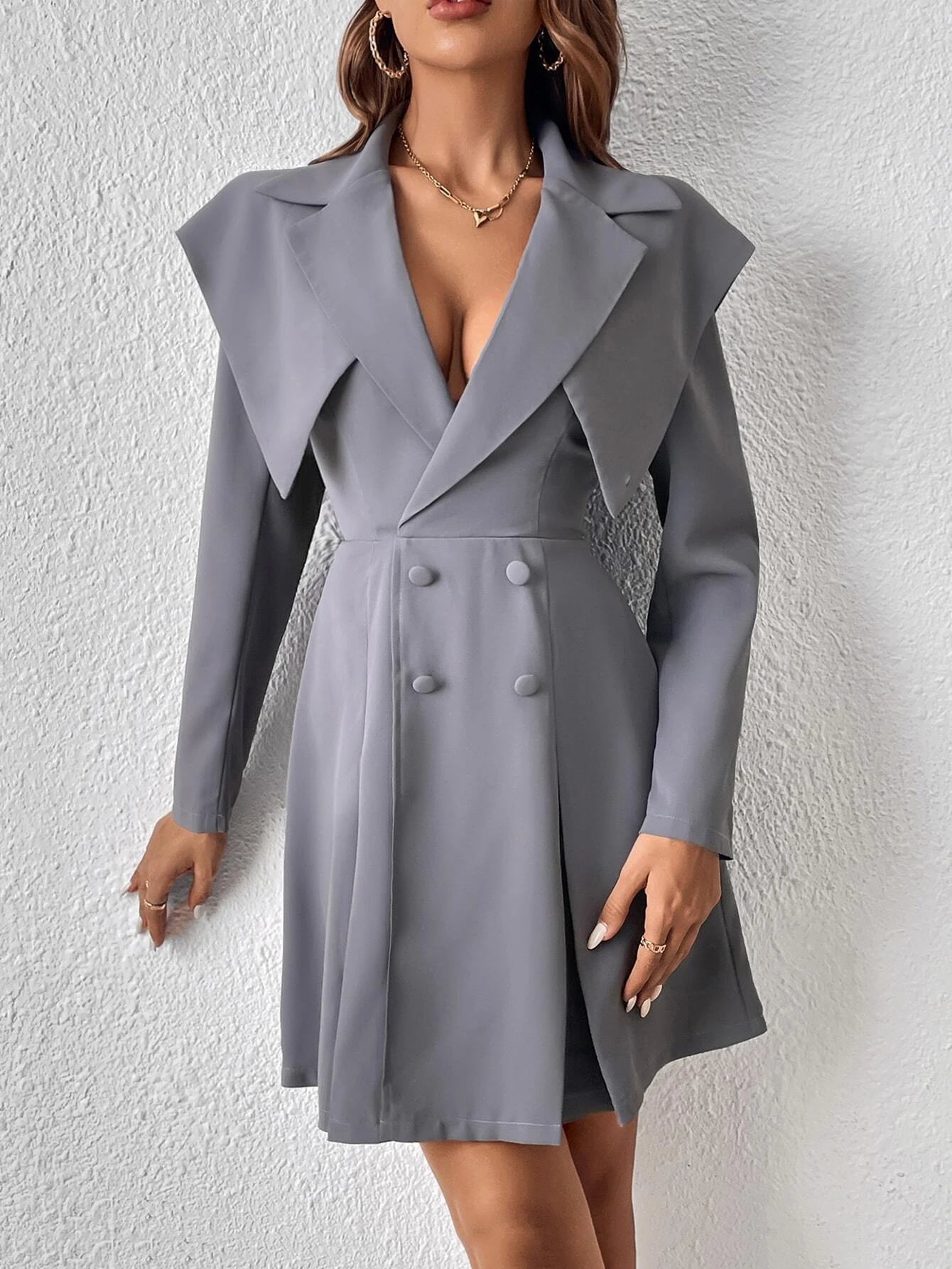 CM-DS150746 Women Elegant Seoul Style Double Breasted Fold Pleated Dress - Gray
