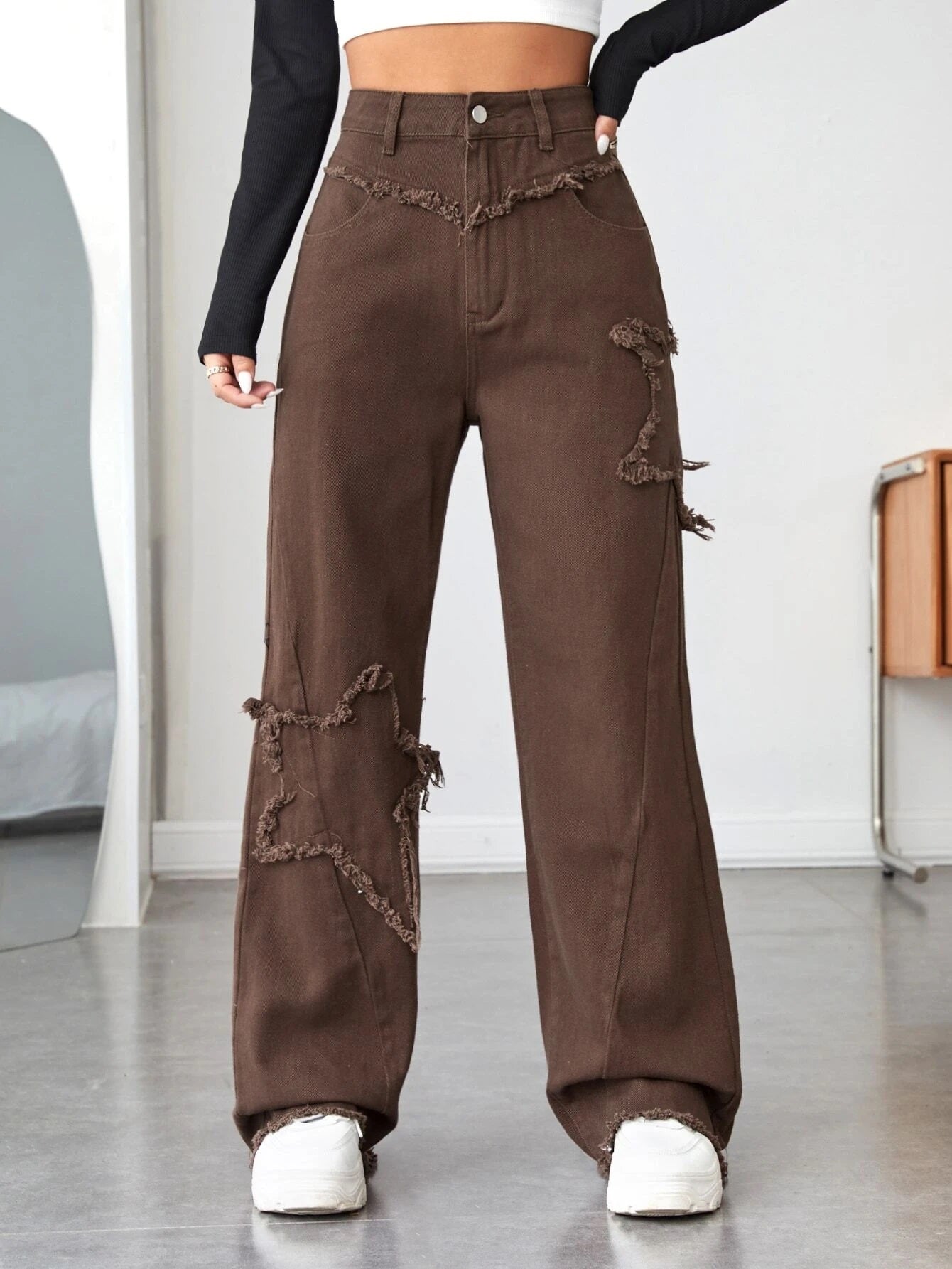 CM-BS571791 Women Casual Seoul Style High Waist Raw Trim Wide Leg Jeans - Coffee Brown