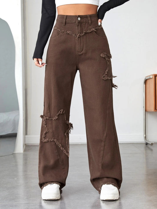CM-BS571791 Women Casual Seoul Style High Waist Raw Trim Wide Leg Jeans - Coffee Brown