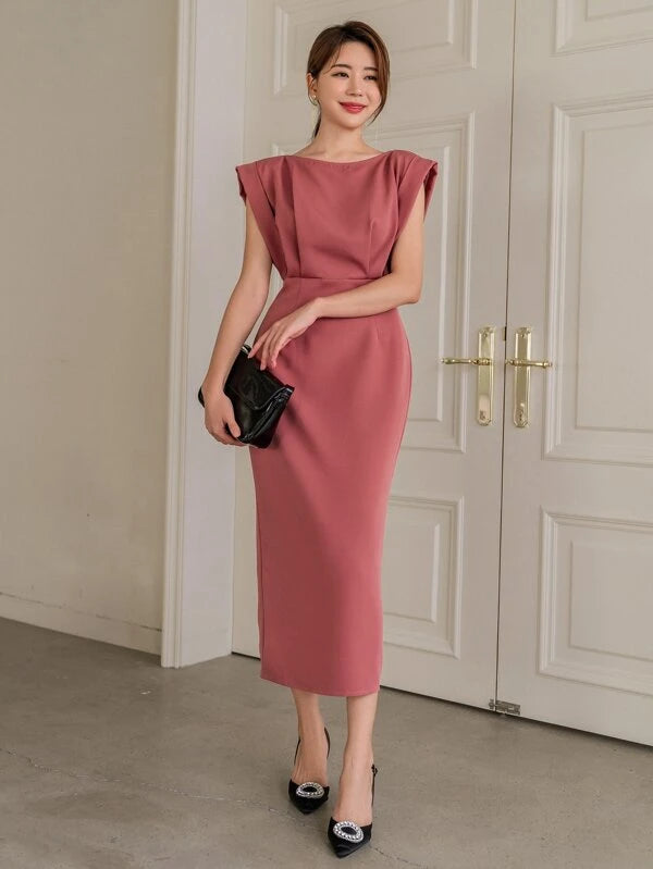 CM-DS061110 Women Elegant Seoul Style Sleeveless Zip Back Slit Hem Dress - Rusty Rose