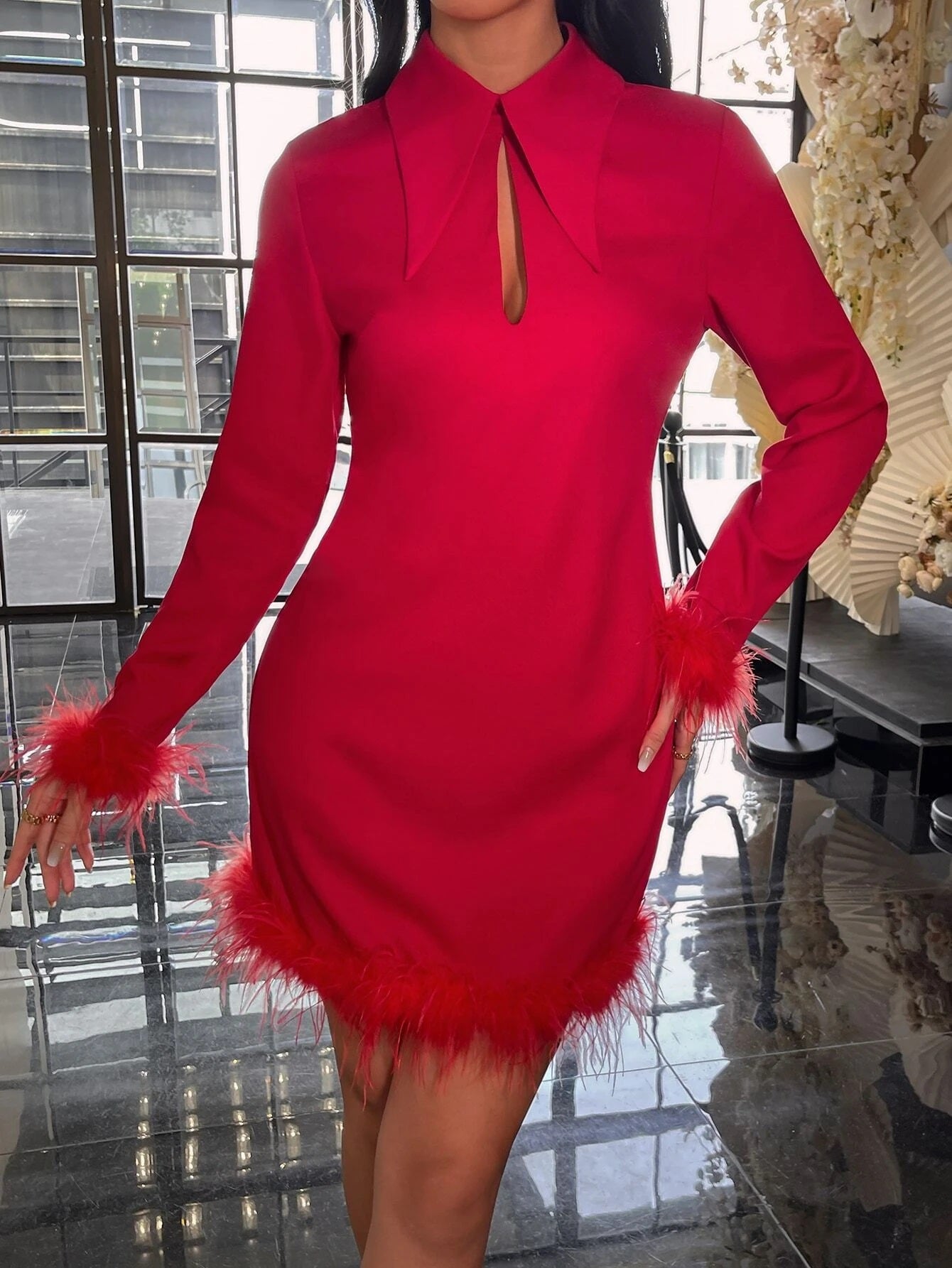 CM-DS140961 Women Elegant Seoul Style Long Sleeve Solid Fuzzy Trim Bodycon Dress - Red