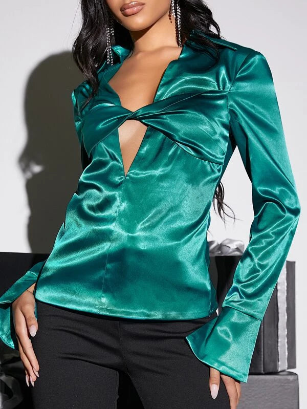 CM-TS262747 Women Elegant Seoul Style Solid Twist Front Flounce Sleeve Satin Top
