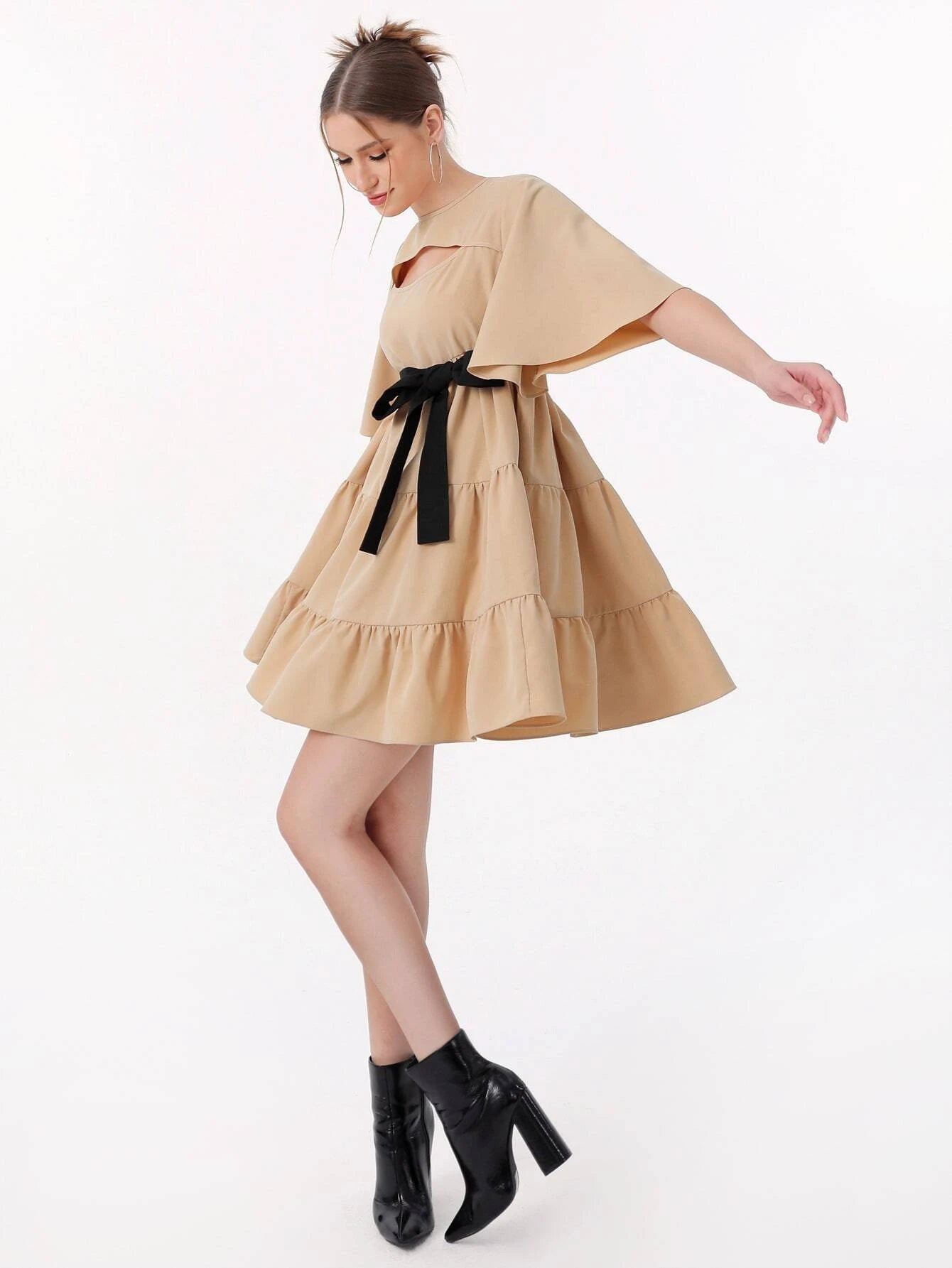 CM-DS558859 Women Elegant Seoul Style Cut Out Butterfly Sleeve Ruffle Hem Belted Dress
