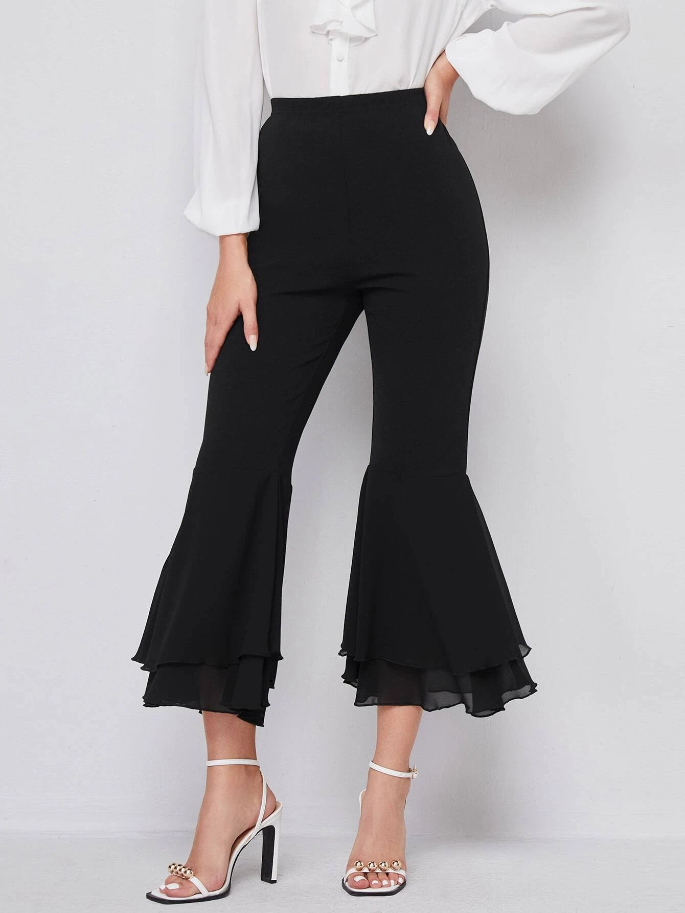 CM-BS518718 Women Elegant Seoul Style Elastic Waist Flare Leg Crop Pants - Black