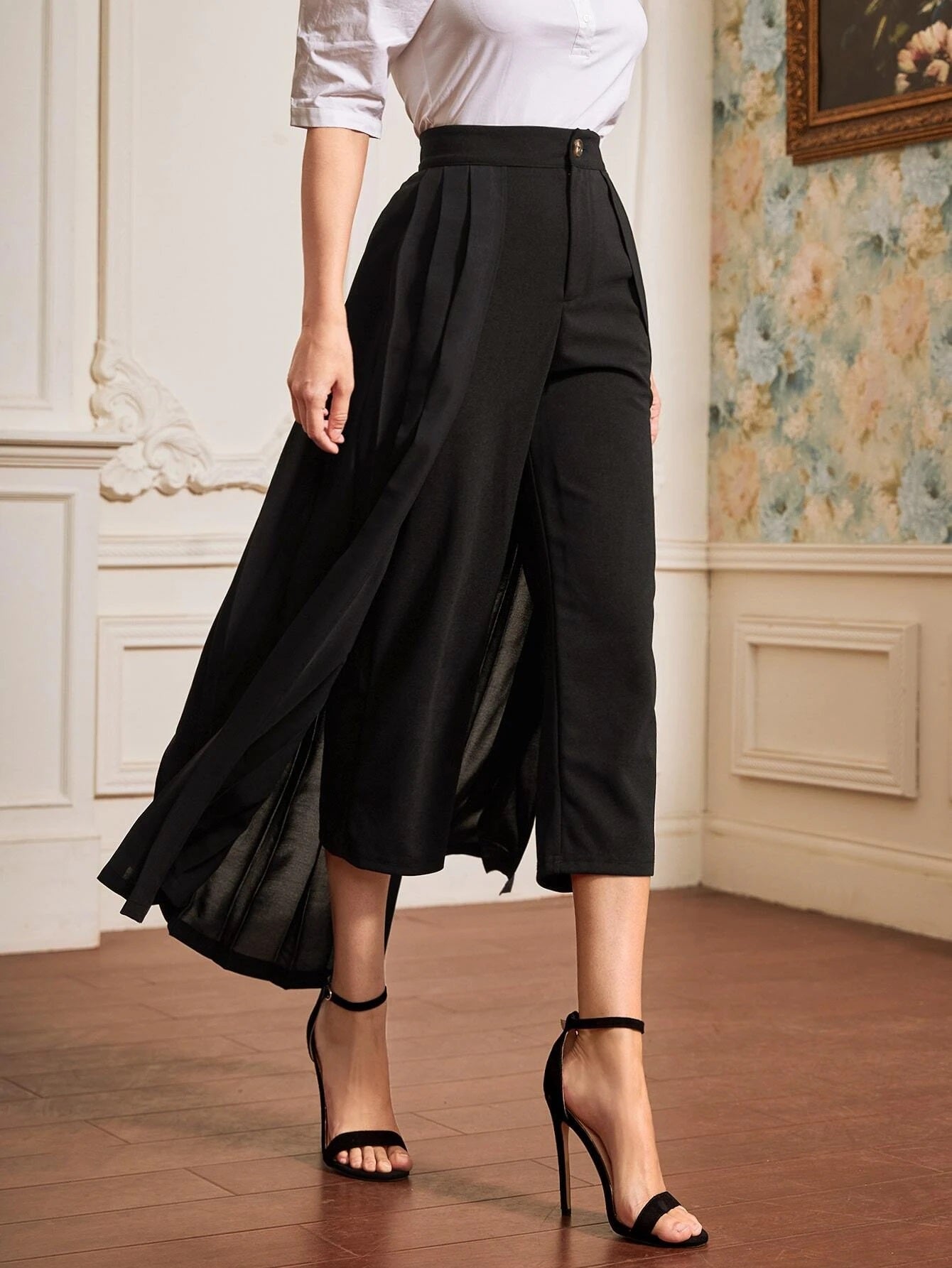 CM-BS083856 Women Elegant Seoul Style High Waist Solid Cropped Pants With Pleated Skirt