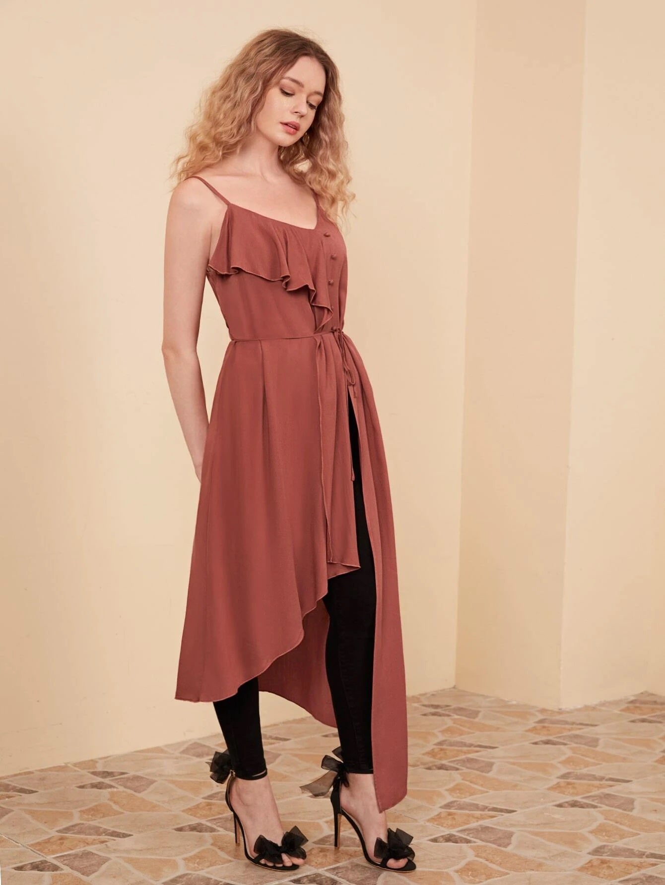 CM-TS706204 Women Casual Seoul Style Ruffle Trim Asymmetrical Hem Cami Top