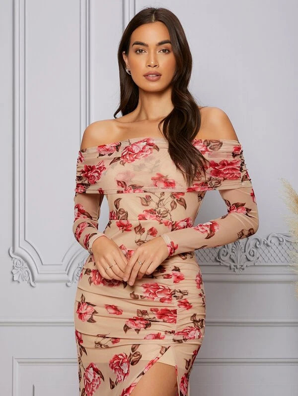 CM-DS718326 Women Elegant Seoul Style Floral Print Off Shoulder Split Thigh Mesh Dress