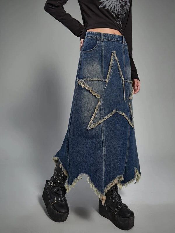 CM-BS457511 Women Preppy Seoul Style Punk Star Pattern Raw Hem Slant Pocket Denim Skirt