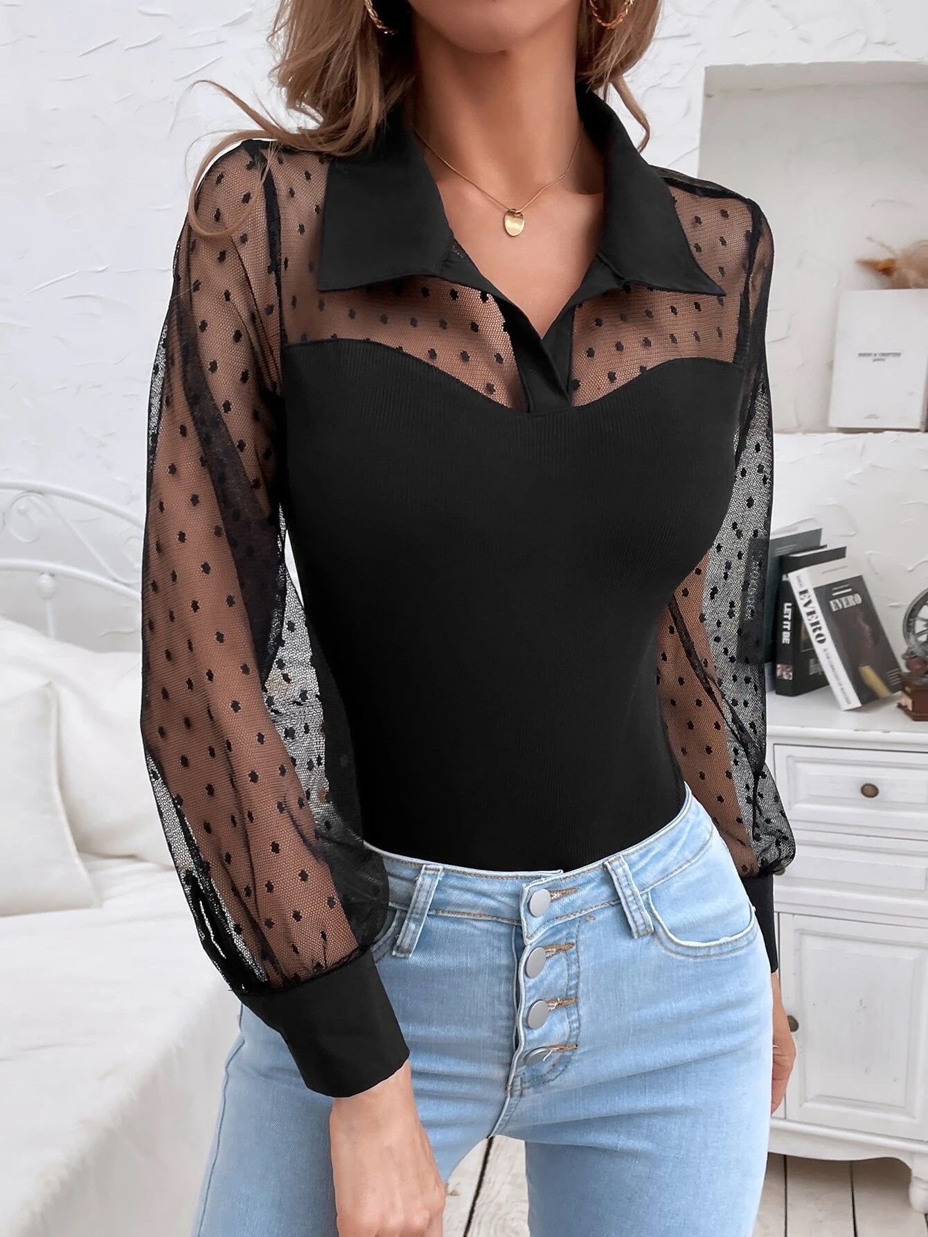 CM-TS818594 Women Casual Seoul Style Collar Neckline Dobby Mesh Panel Bodysuit - Black