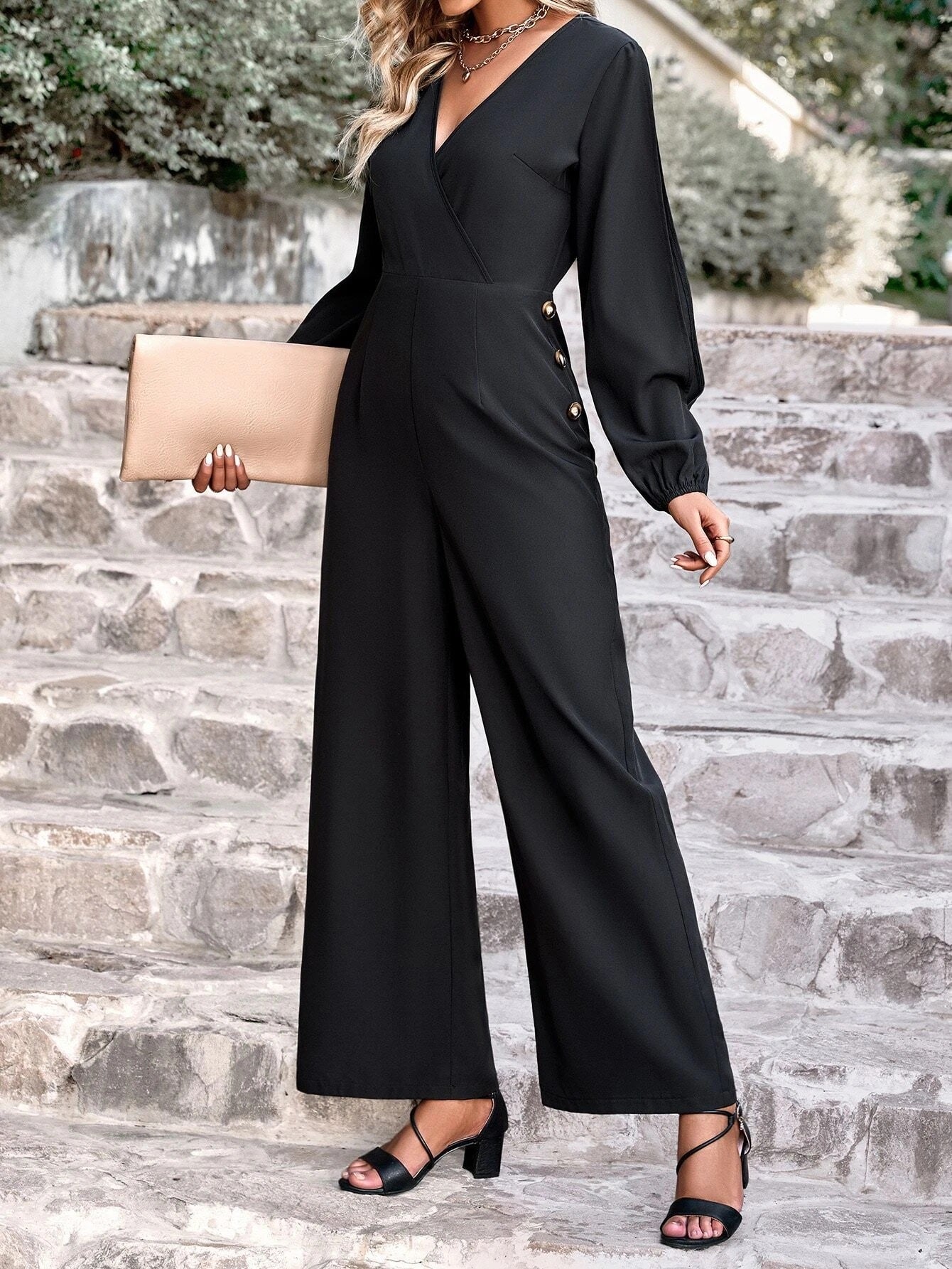 CM-JS636355 Women Elegant Seoul Style Split Sleeve Button Detail Wide Leg Jumpsuit