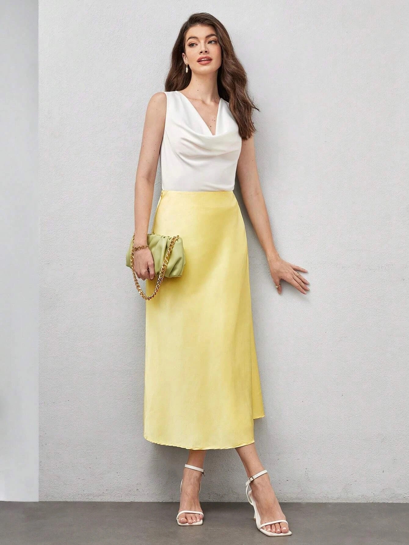 CM-BS729985 Women Elegant Seoul Style High Waist Solid Satin A-Line Skirt - Yellow