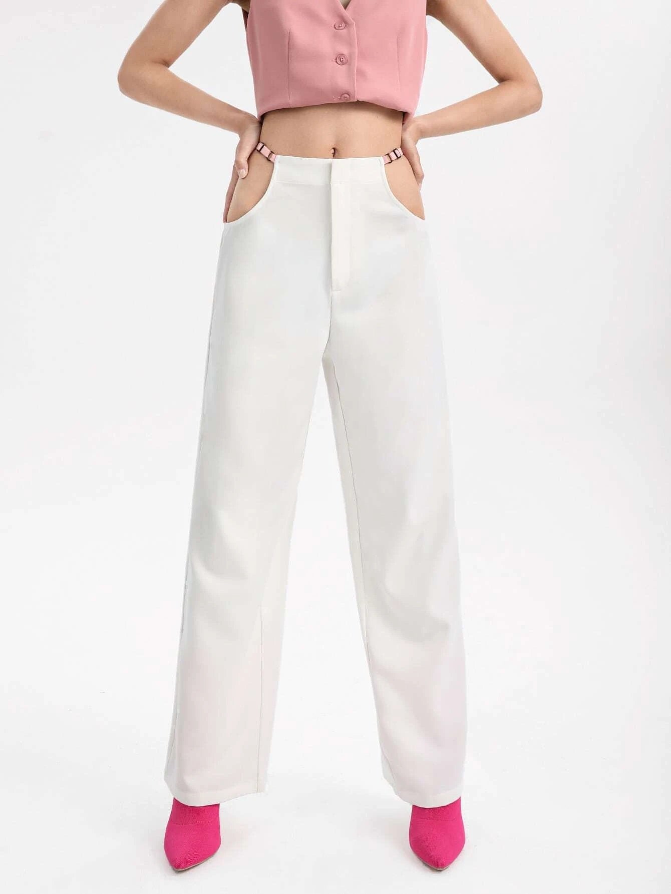 CM-BS139161 Women Casual Seoul Style Cut Out Waist Wide Leg Pants - White