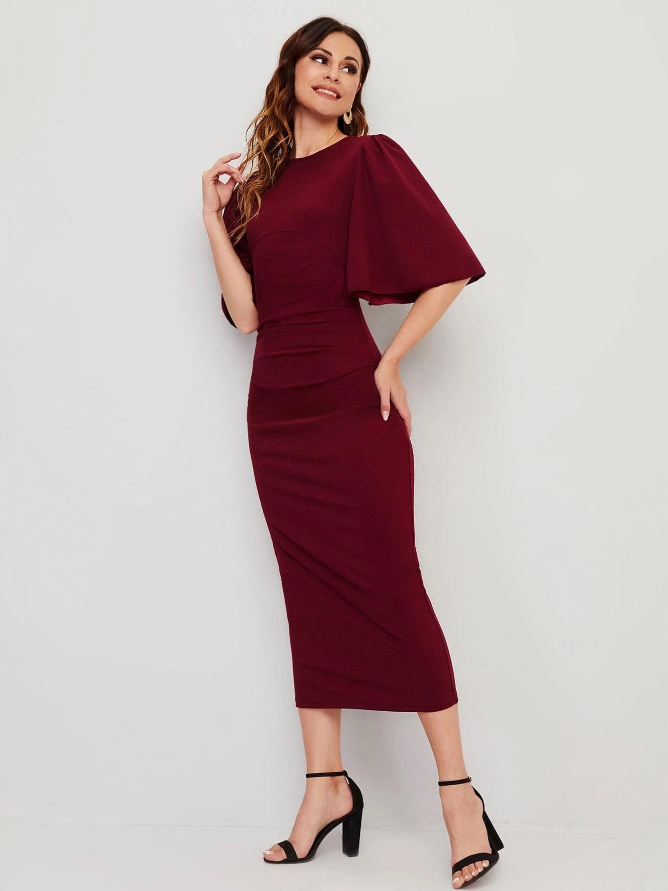 CM-DS118978 Women Casual Seoul Style Butterfly Sleeve Keyhole Back Split Hem Dress - Burgundy