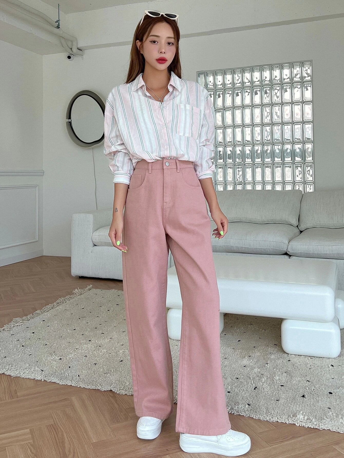CM-BS431016 Women Casual Seoul Style High Waist Wide Leg Jeans - Pink