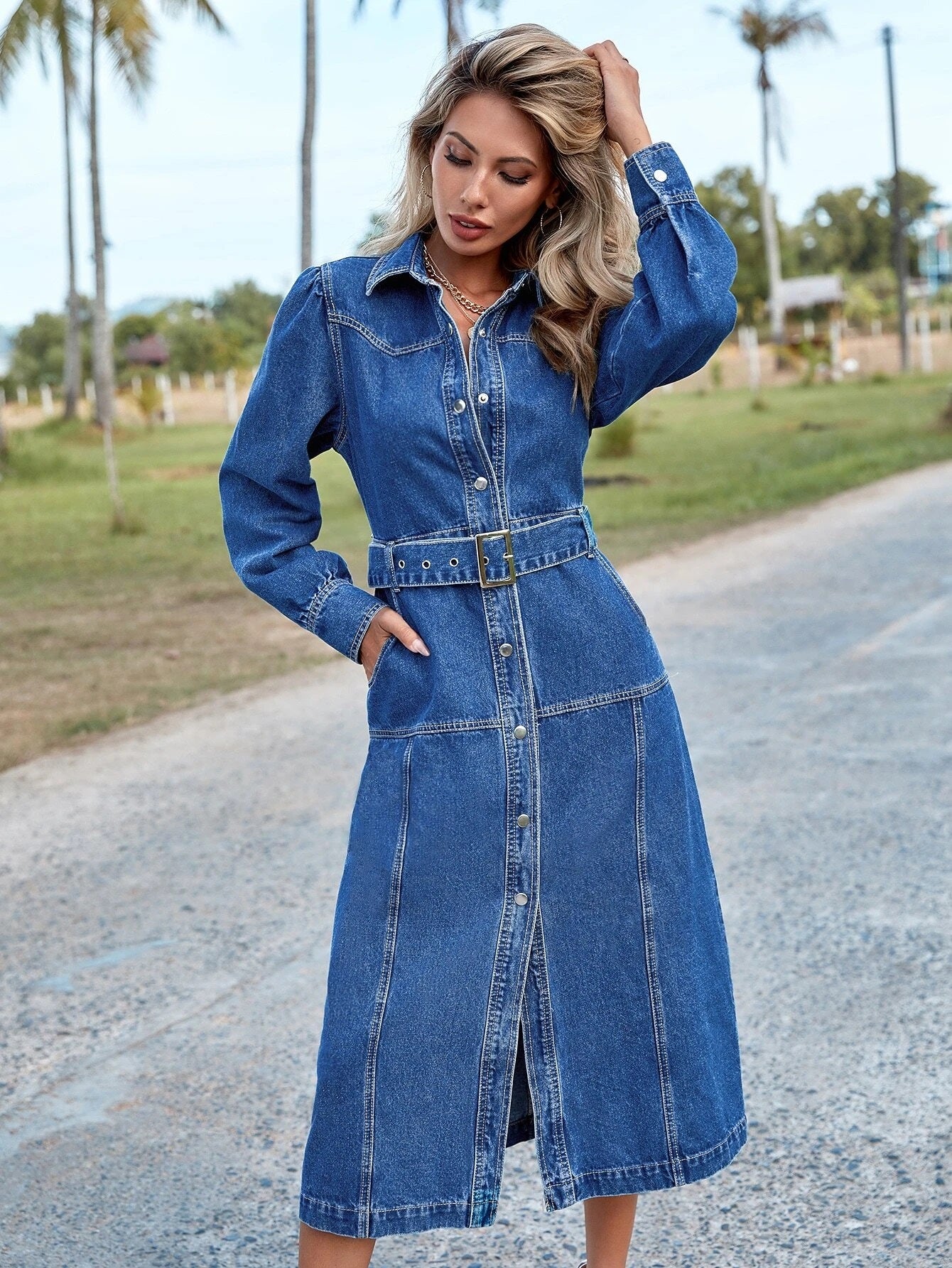 CM-DS636084 Women Preppy Seoul Style Puff Sleeve Slit Hem Belted Denim Dress
