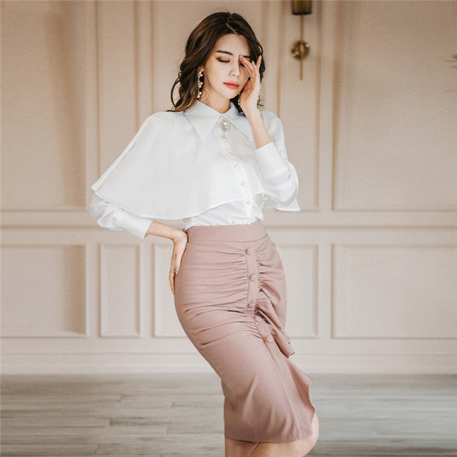 CM-SF031905 Women Elegant Seoul Style Flouncing Blouse With Pleated Fishtail Skirt - Set