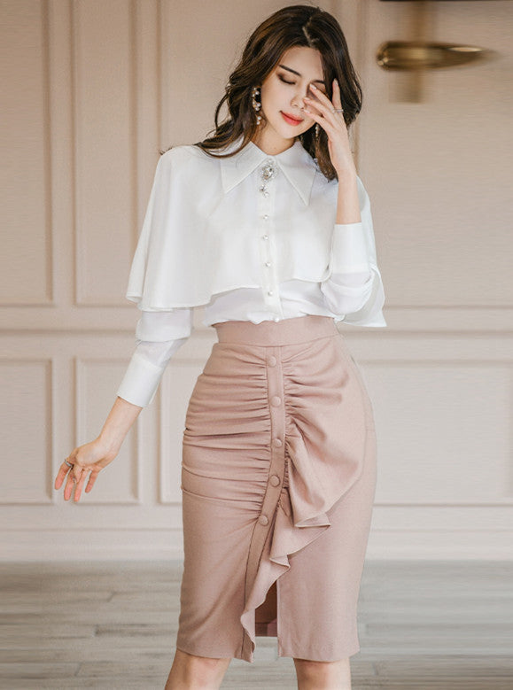 CM-SF031905 Women Elegant Seoul Style Flouncing Blouse With Pleated Fishtail Skirt - Set