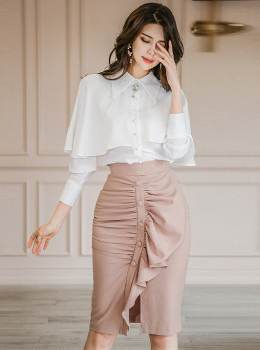 CM-SF031905 Women Elegant Seoul Style Flouncing Blouse With Pleated Fishtail Skirt - Set