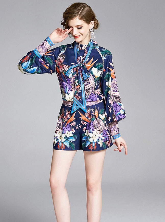 CM-SF032316 Women Retro European Style Puff Sleeve Floral Short Suits - Set